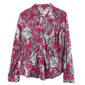 Talbots Haberdashery Shirt Sz 14 Pink Paisley Stretch Cotton Sateen Button Front